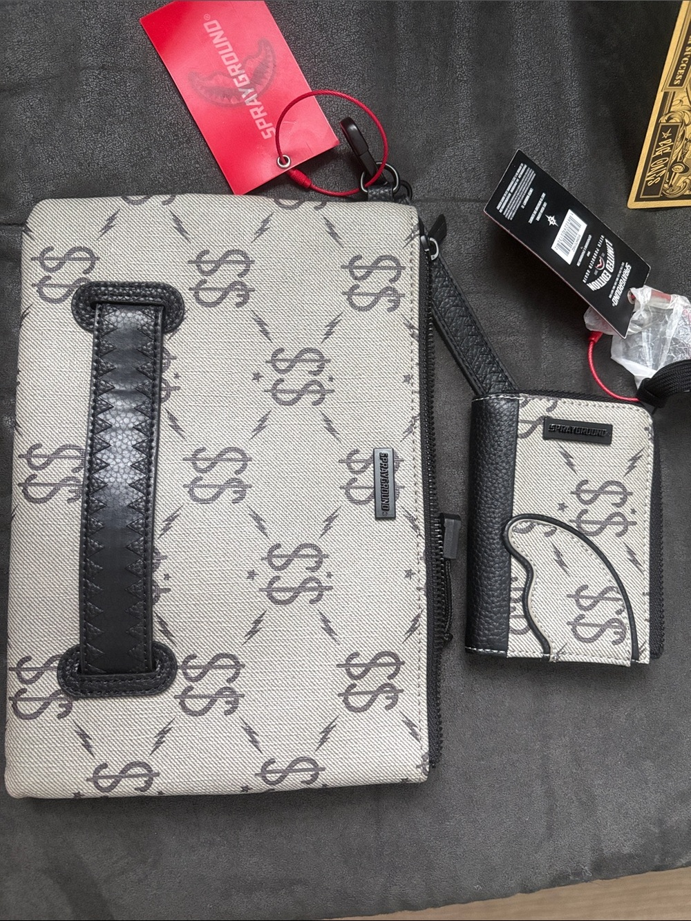 Sprayground Beige & Black Dollar Sign Wristlet Clutch